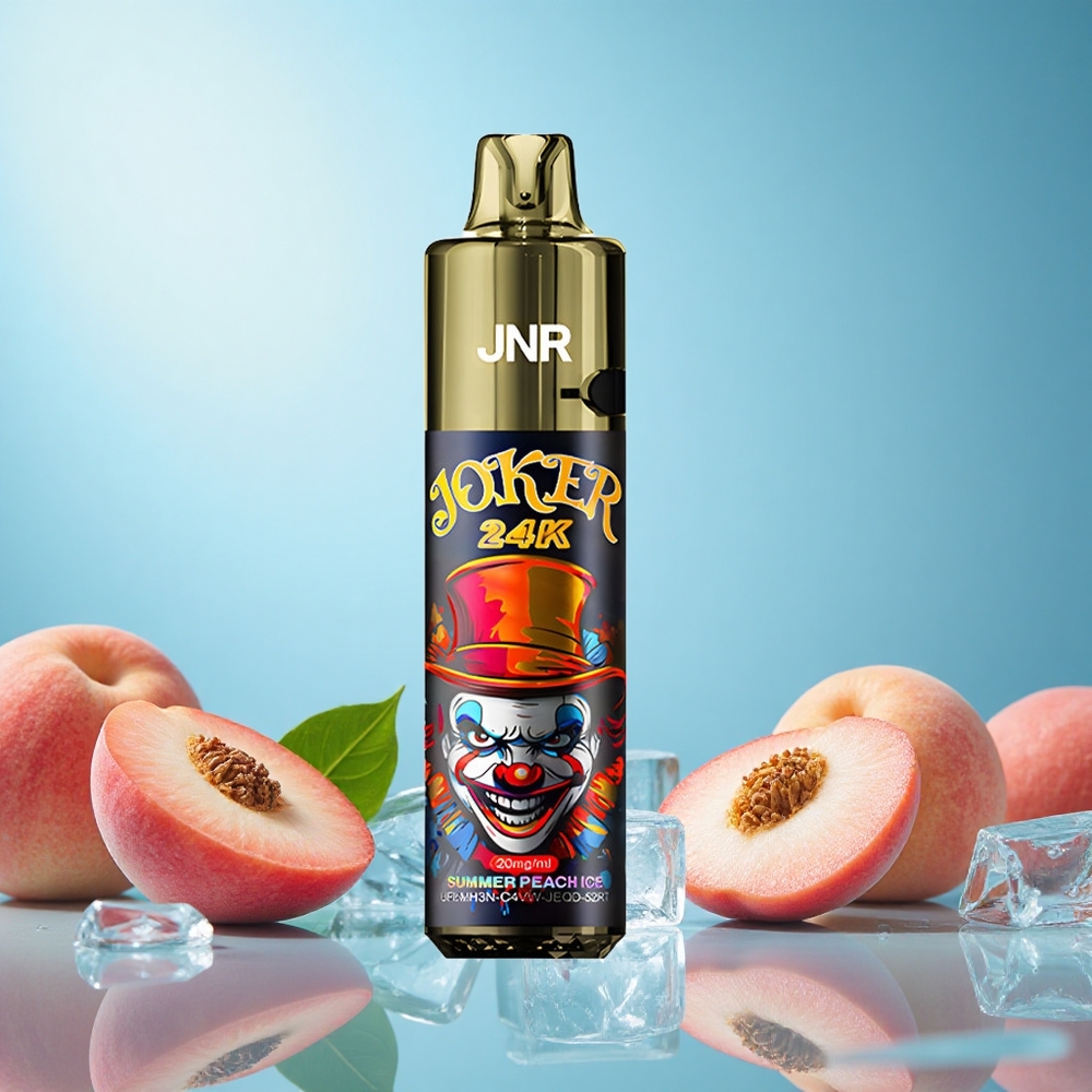 JNR Joker 24K Puffs Letní Broskev Led Czech Republic vape s 800mAh baterií a viditelnou hladinou e-liquidu