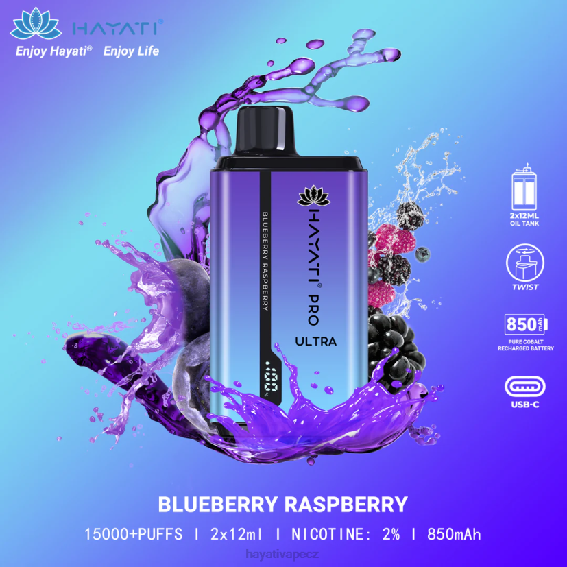 Hayati Pro Ultra jednorázové 15 000 vdechů borůvka malina 6F4V6196 Hayati flavour list