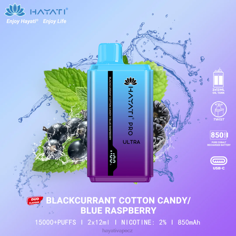 Hayati Pro Ultra jednorázové 15 000 vdechů cukrová vata z černého rybízu/modrá malina 6F4V6216 Hayati flavour list