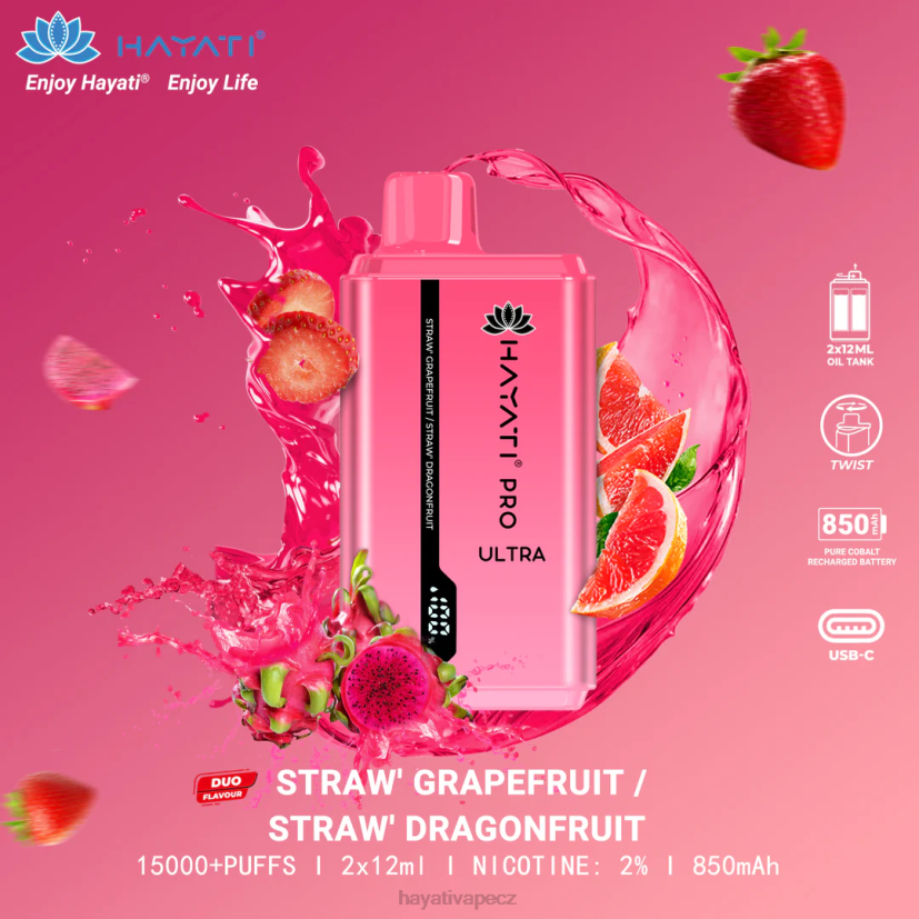 Hayati Pro Ultra jednorázové 15 000 vdechů jahodový grapefruit/jahodový drak 6F4V6226 Hayati flavour list