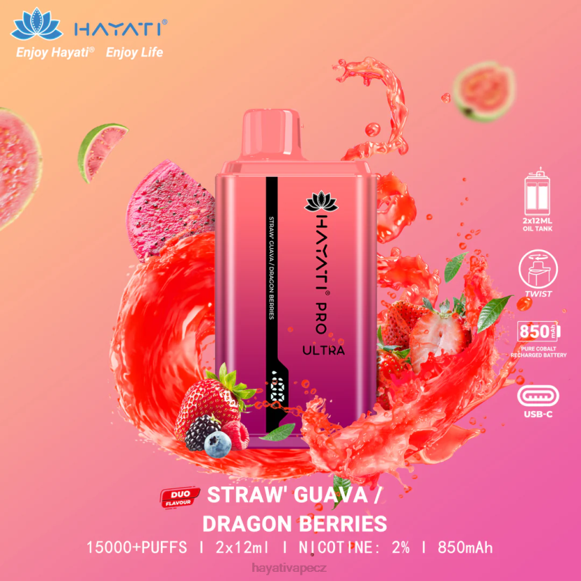Hayati Pro Ultra jednorázové 15 000 vdechů jahodová guava/dračí bobule 6F4V6224 Hayati vape flavours