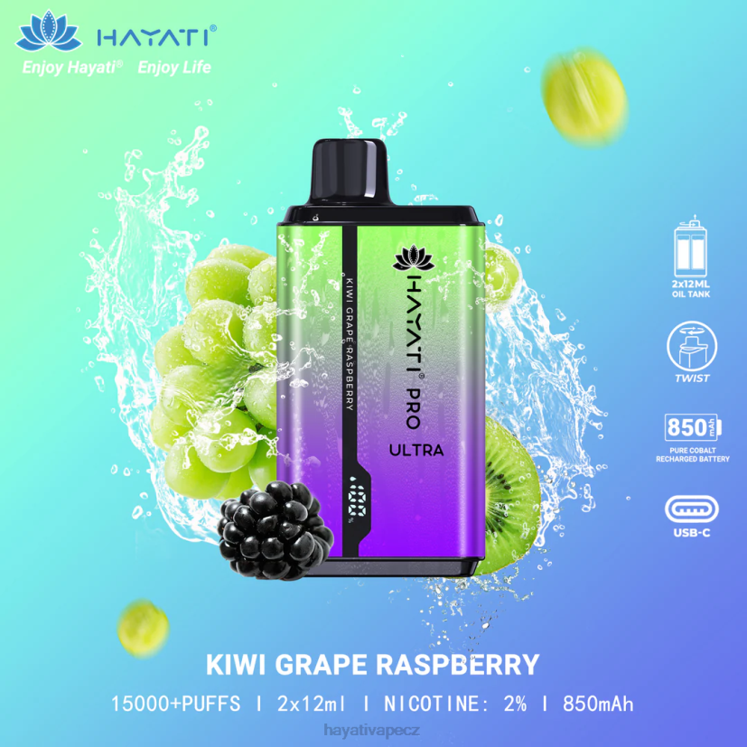 Hayati Pro Ultra jednorázové 15 000 vdechů kiwi hroznová malina 6F4V6202 Hayati praha