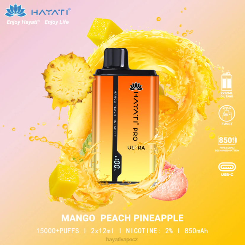 Hayati Pro Ultra jednorázové 15 000 vdechů mango broskev ananas 6F4V6204 Hayati vape flavours