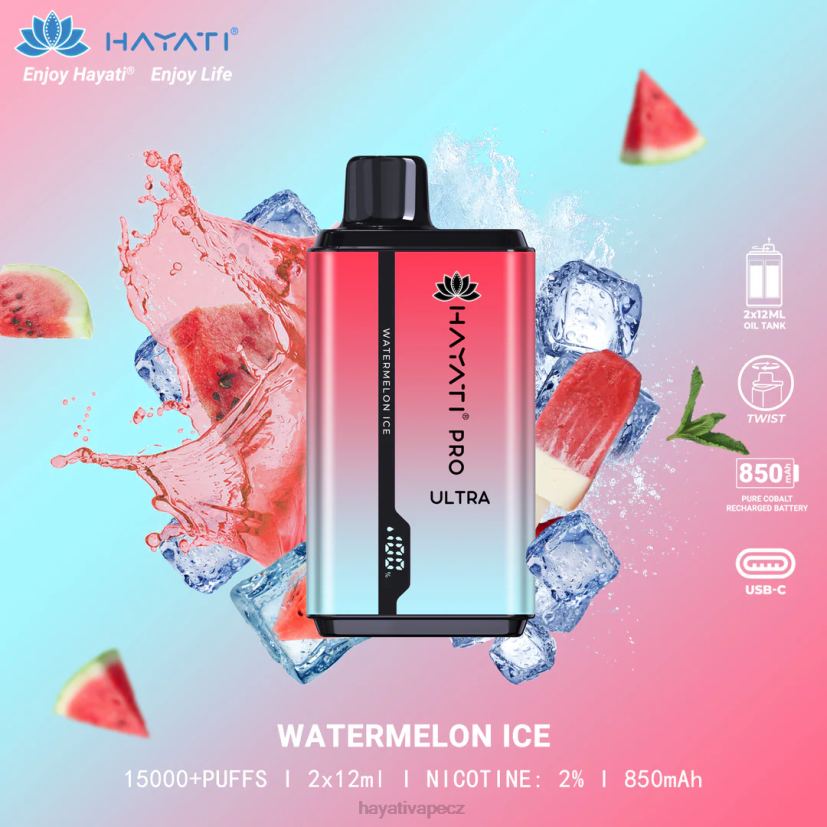 Hayati Pro Ultra jednorázové 15 000 vdechů melounový led 6F4V6214 Hayati vape flavours