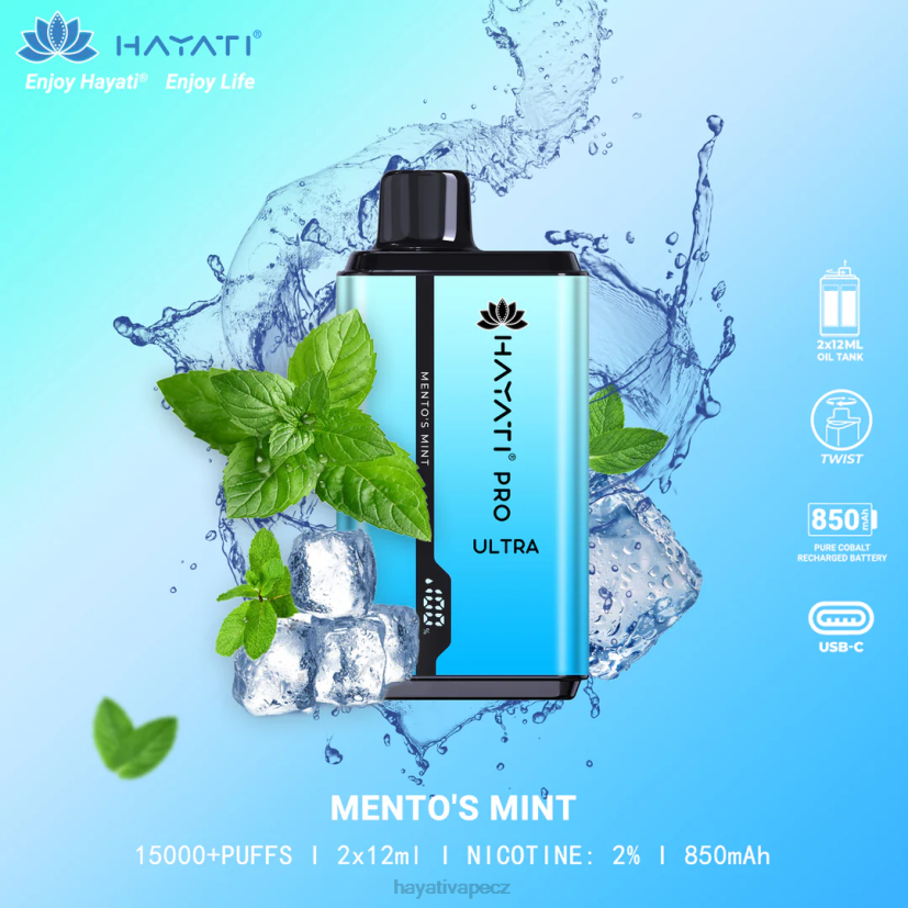 Hayati Pro Ultra jednorázové 15 000 vdechů mentolova máta 6F4V6206 Hayati flavour list