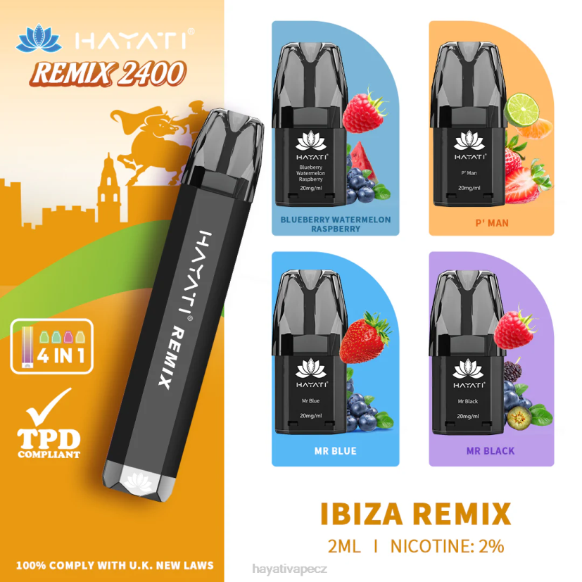 Hayati Remix systém předplněných kapslí 2400 šluků ibiza remix 6F4V655 Hayati flavours